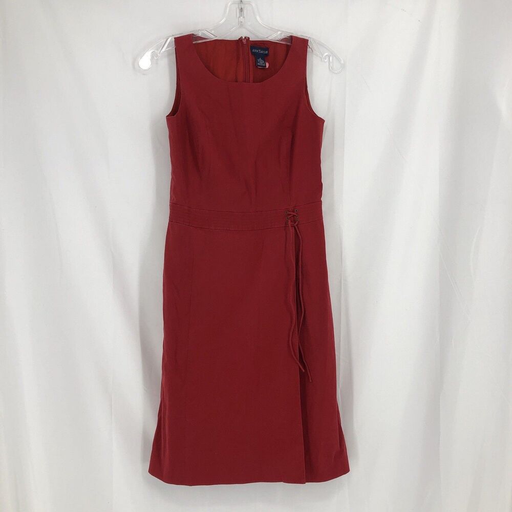 Ann Taylor Red Sleeveless Sheath Dress Round Neck Lace Up Sides Dress 2